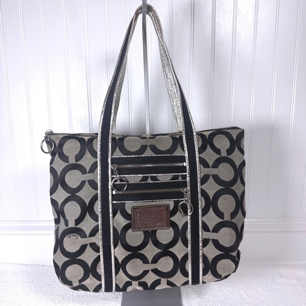 Coach Poppy Op Art Glam Tote Large Black Grey Metallic Signature‎ C Bag 13826